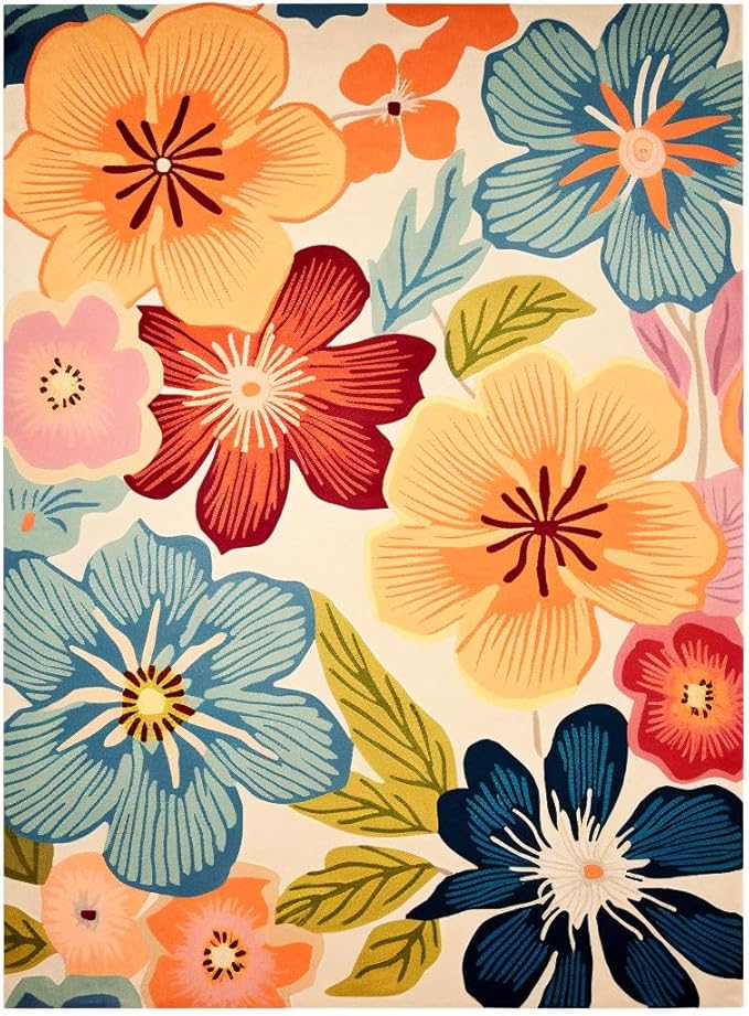 Handmade Wool Floral Area Rug for Living Room | Elegant Flower Garden Design, Soft, Thick and Durable | Bedroom, Dining Room & Home Decor Carpet (7' x 10', Floral J)