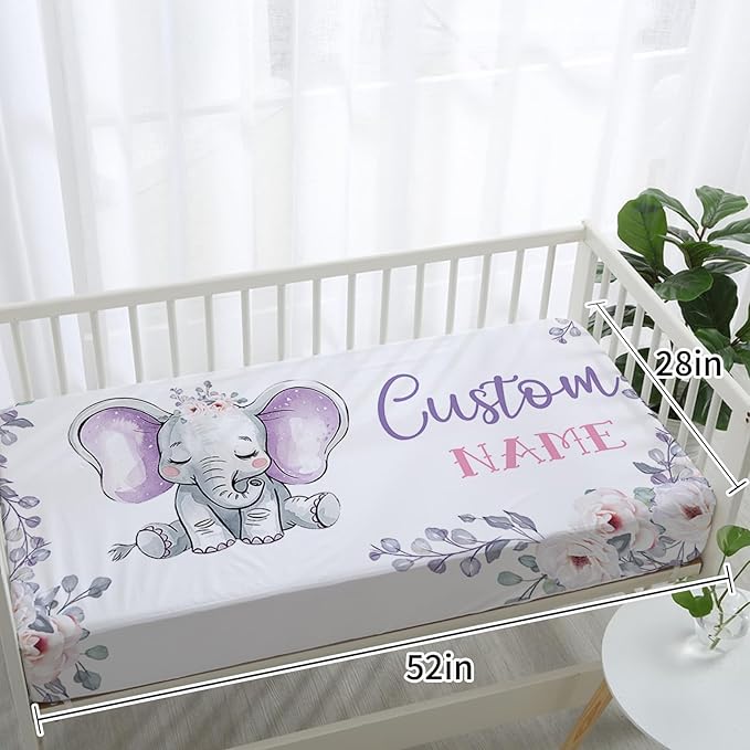 Personalized Baby Crib Bedding Set for Baby Girls, Light Purple Elephant Pattern Custom Name Baby Crib Sets 5-Pcs, Toddler Double Layer Blanket Fitted Sheets Changing Pad Cover Rug Wall Art Set