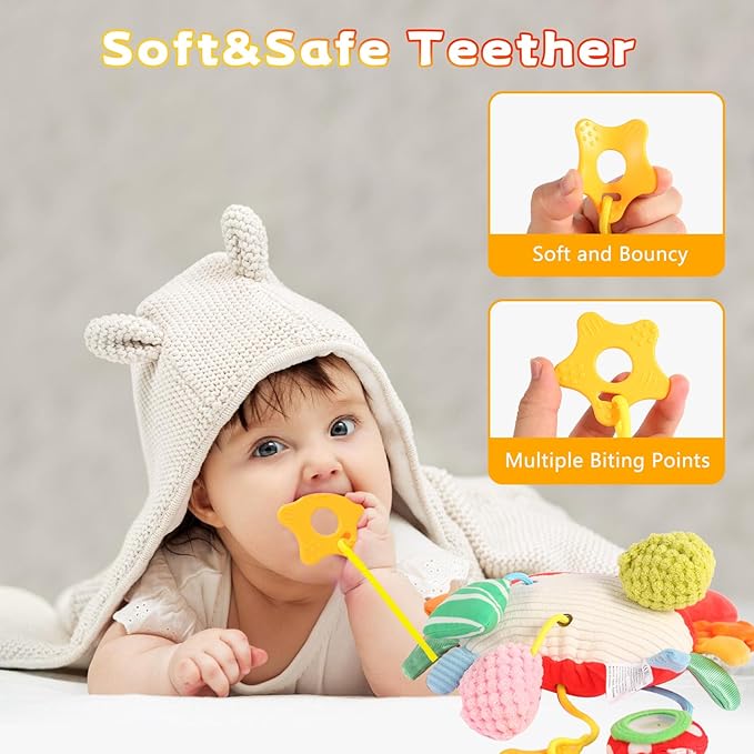 Car Seat Toys for Babies 0–12 Months, Hanging Infant Plush Rattle Toy with Mirror & Crinkle Clip-On Activity Toy for Car Seat, Stroller, Crib & Play Gym Baby Gift for Boys & Girls