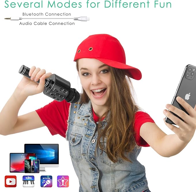 KIDWILL Wireless Bluetooth Karaoke Microphone for Kids and Adults, 5-in-1 Portable Handheld Karaoke Mic Speaker Player Recorder with Adjustable Remix FM Radio for Girls Boys Teens Adults