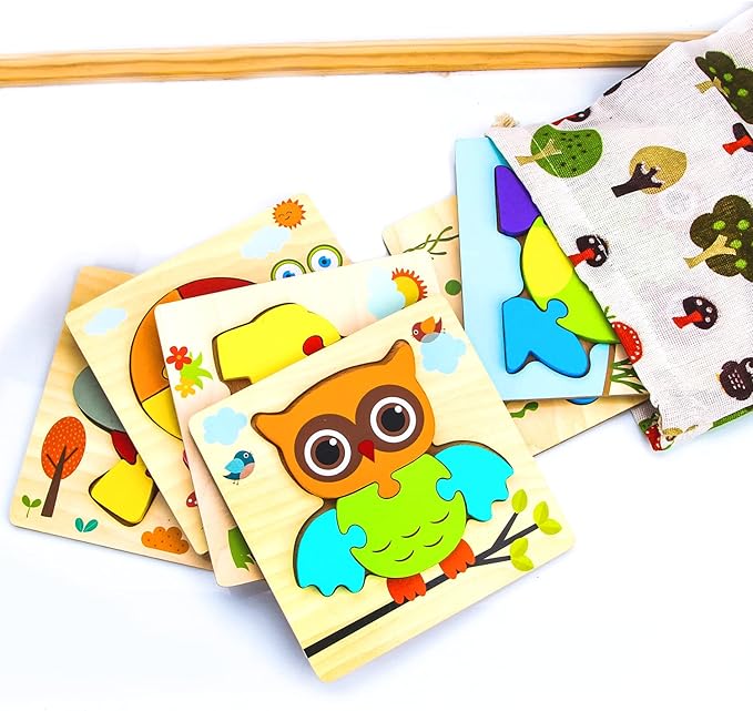 SKYFIELD Wooden Animal Puzzles for 1 2 3 Years Old Boys Girls, Toddler Educational Developmental Toys Gift with 6 Animals Baby Montessori Color Shapes Learning Puzzles
