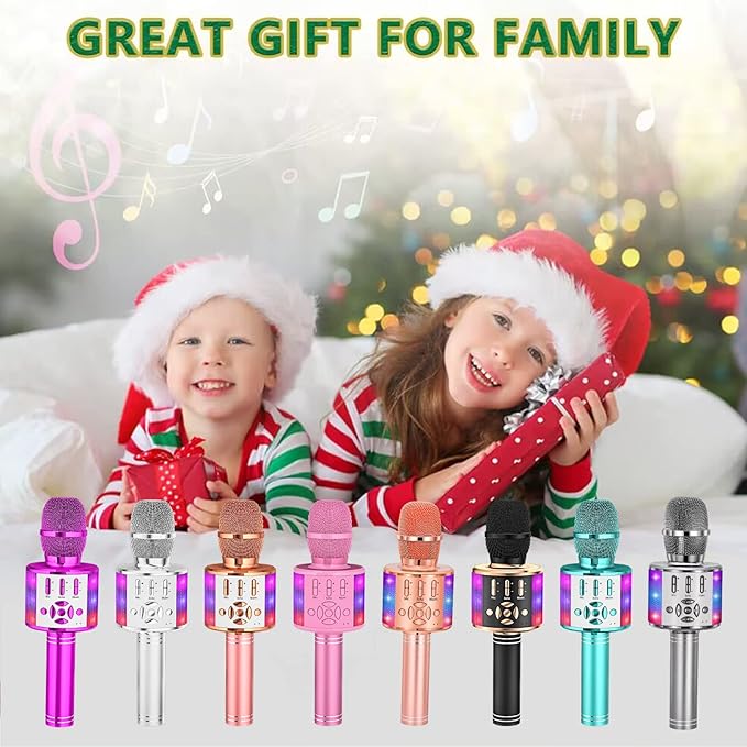 Amazmic Kids Karaoke Microphone Machine Toy Bluetooth Microphone Portable Wireless Karaoke Machine Handheld with LED Lights, Gift for Children Adults Birthday Party, Home KTV(Silver)