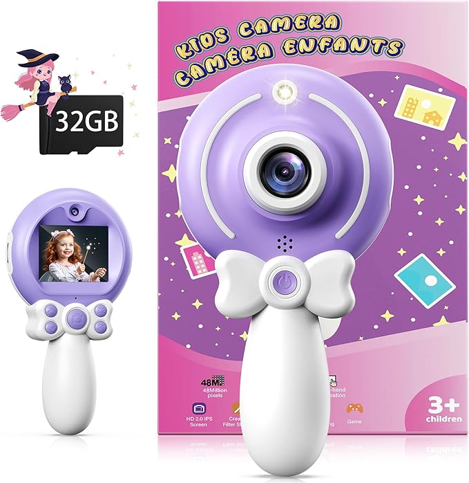 TEKFUN Kids Camera Toy for Girls - Birthday Girl Gifts with Magic Wand Design - Digital Video Camera for Kids with 32GB SD Card - Easter Basket Essentials for Girl 2 3 4 5 6 Year Olds, Purple