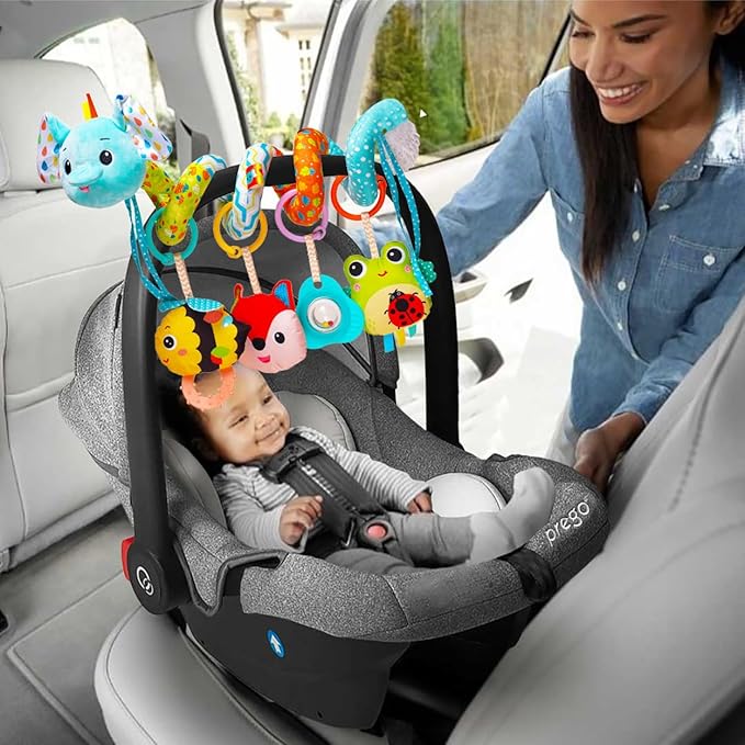 Stroller Toys, Car Seat Toys for Babies Infants 0-6 Months, Activity Spiral Plush Hanging Toy Gift for Baby Boys and Girls 0 3 6 12 Months Newborn Sensory Toy with Rattles Squeaker Music -Blue