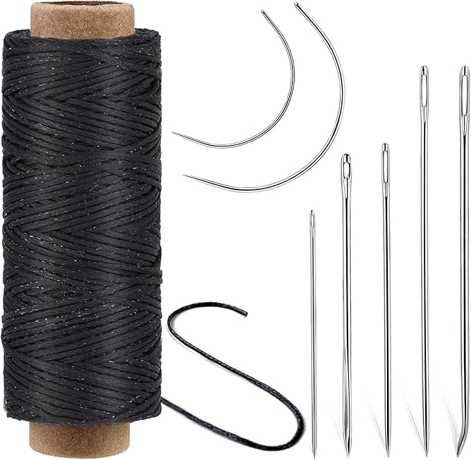 Ftyiwu Black Waxed Thread 55 Yards, Leather Sewing Waxed Thread with Upholstery Needles Hand Sewing Needles for Home Upholstery Carpet Leather Canvas Repair and Sewing