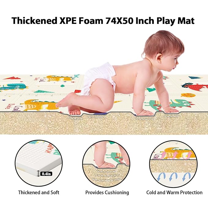 Baby Play Mat, 74 x 50 Inch Play Mat Perfect for Use Baby Playpen, Foldable Baby Foam Playmat for Floor, Portable Waterproof Activity PlayMats for Babies, Infants and Toddlers