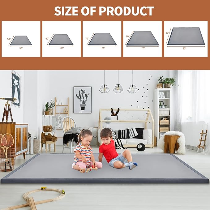 Baby Play Mat for Floor - 1.4" Thick Memory Foam Rug, 50"x50" Playpen Tummy Time Mat, Soft Velvet Nursery Rug, Large Padded Crawling Mat, Cushioned Pads for Playroom Toddlers, Infants, Yoga, Tatami