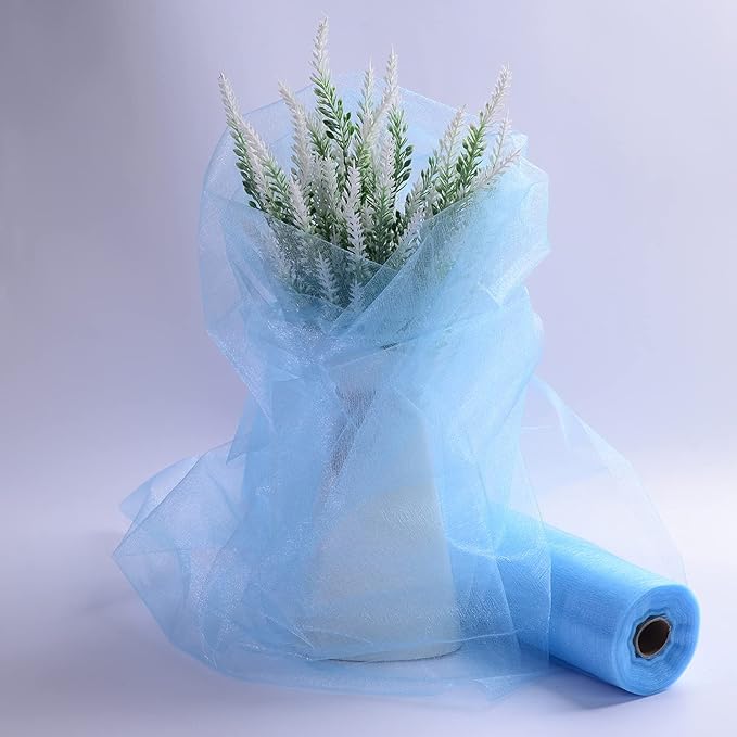 Crystal Organza Fabric Tulle - 16" by 50 Yards Sheer Fabric for Wedding Party Decoration Bridal Shower Tutu Roll Netting Spool Ribbon Wrapping (Light Blue)