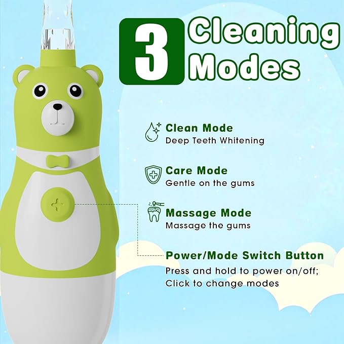 Kids Battery-Powered Electric Toothbrush for Toddler Ages 2-10, Extra Soft Bristles with 3 Cleaning Modes, 2-Min LED Timer IPX7 Waterproof Deep Clean