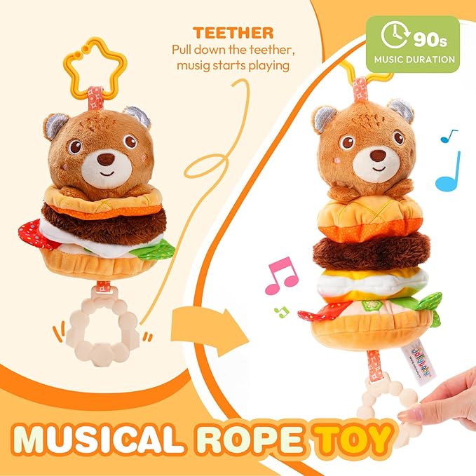 Jollybaby Baby Musical Pull String Hanging Toys for Stroller Car Seat Crib Play Gym, Plush Stuffed Hamburg Bear Toy for Carseat with Music Teether Crinkle, Sensory Toy for 0-6-12-18 Months Baby Gifts