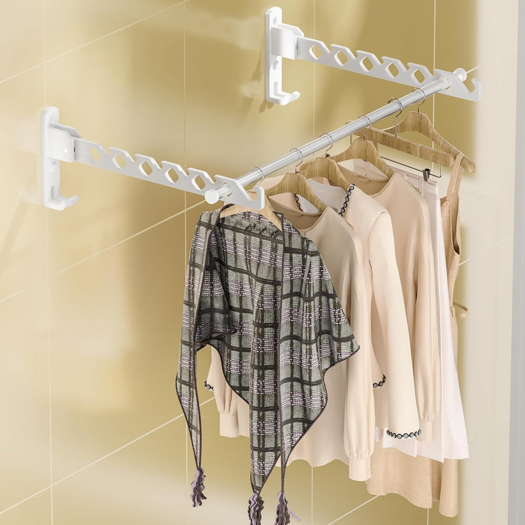 Dr.DJ Wall Mount Coat Hanger Holder White Clothes Drying Organizer Rack Garment Hooks Aluminium Retractable Folding Indoor Wall Mounted Hanger for Laundry Room Bedroom White 2Pack with 80cm Rod