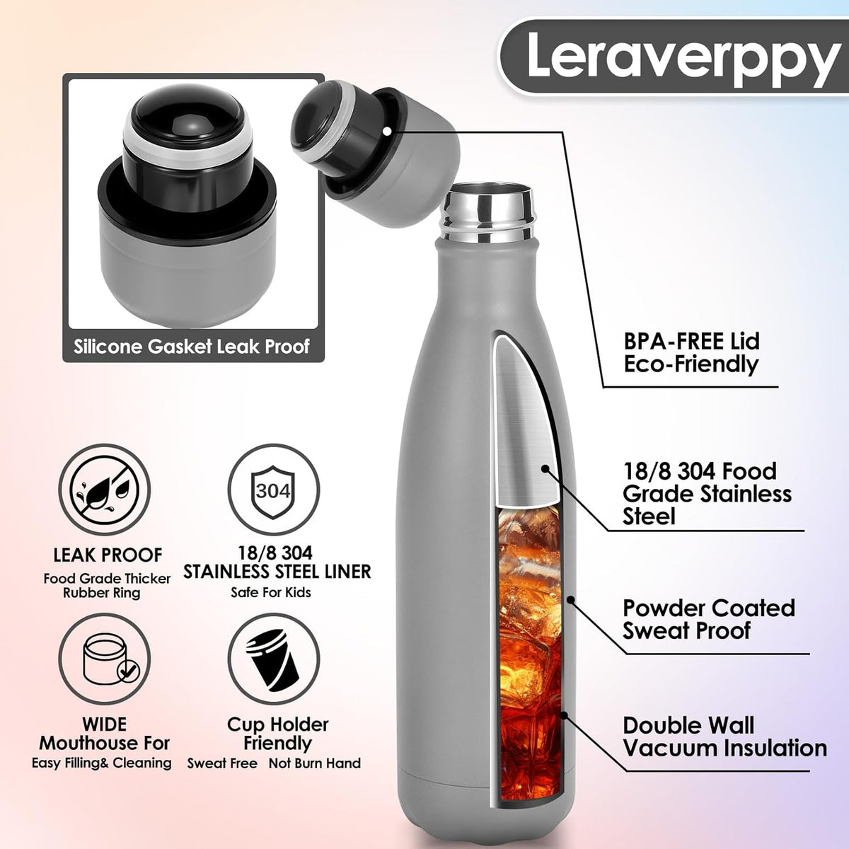 17oz Cola-Bottle Shaped Stainless Steel Leak-proof Water Bottle,Double Wall Vacuum Insulated Metal,Travel Mug For Sports Indoors & Outdoors,BPA-Free School Kids Flasks,Gray(12Pack)