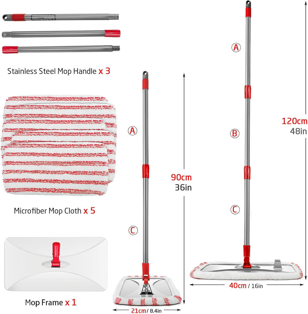 Masthome Extra Large Microfiber Mop for Floor Cleaning, 16“ Flat Mop with 5 Pad for Wet & Dry Use, Dust Mop for Hardwood Laminate Tile Ceramic, 1 Cleaning Scraper Included-Red