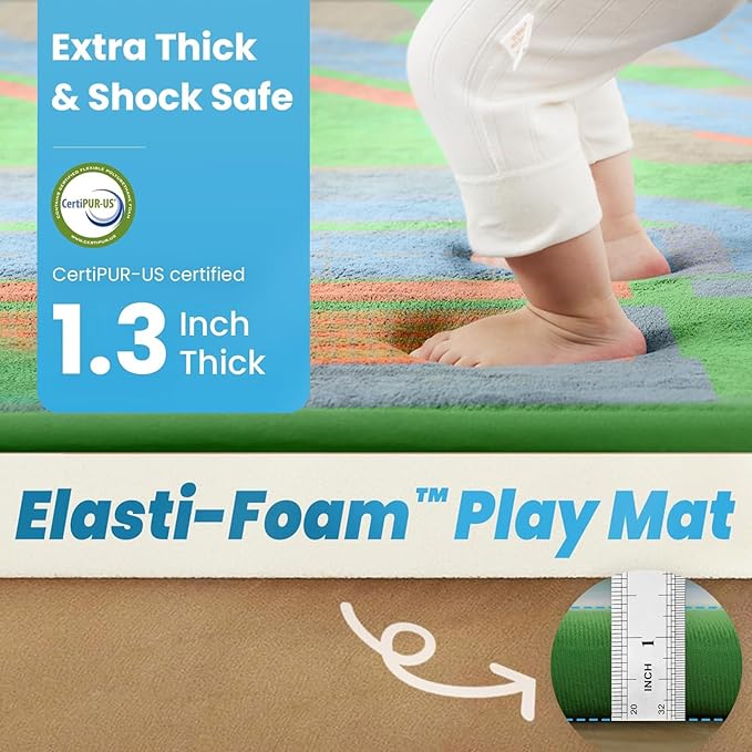 1.3" Thick Educational Baby Floor Play Mat 79x118, Basic Padded Memory Foam Kids Mat, Large Non-Slip Plush Playmat for Nursery Playroom Classroom (Race Track)