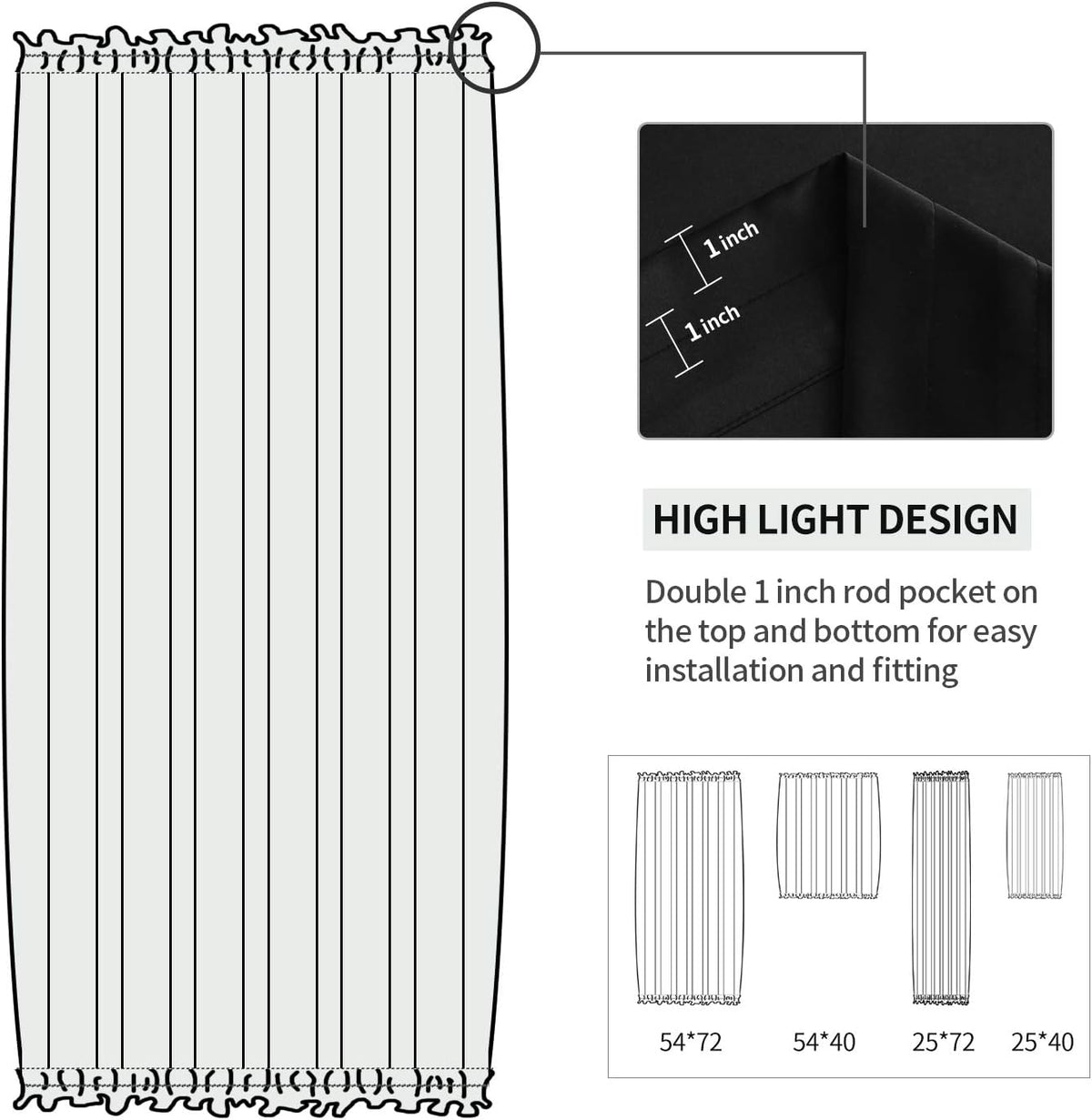 DWCN French Door Curtains – Rod Pocket Thermal Blackout Curtain for Doors with Glass Window, Kitchen and Patio Doors for Privacy, 25 X 72 Inches Long, 1 Curtain Panel with Tieback,Black