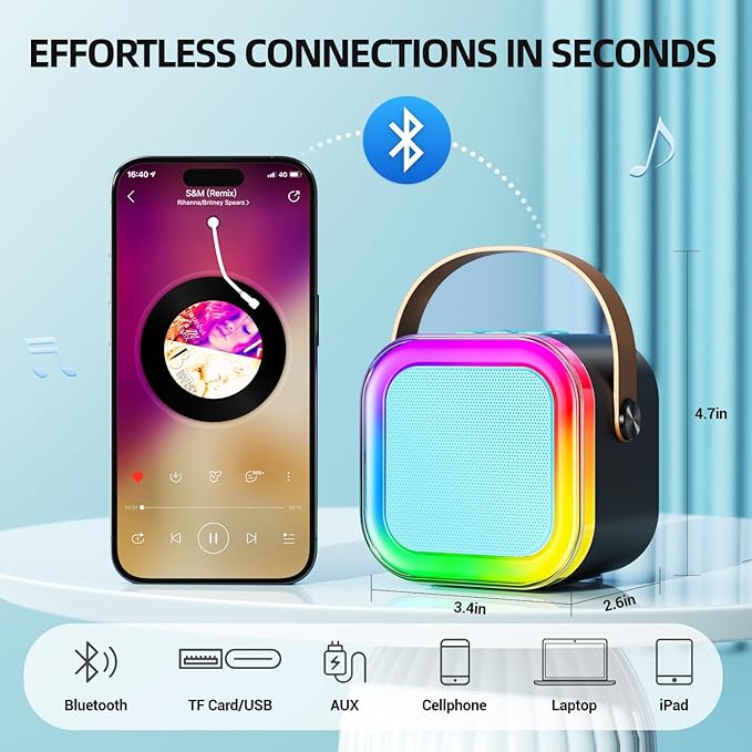 Kinglucky Mini Karaoke Machine for Kids, 2025 TOP Birthday Gifts Ideas for 3-12 Year Old Girls, Christmas Party Gifts Kids' Personal Video Players Accessories with 2 Wireless Microphones-Black & Blue