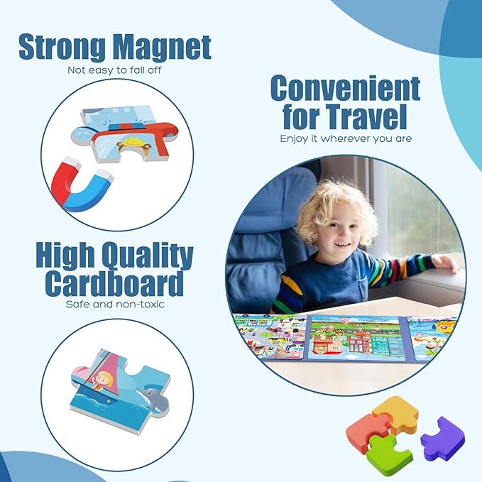 Magnetic Puzzles for Toddlers 3-5, 75-Pieces Travel Toys, Transportation Puzzles Ages 4-6, Educational Learning Magnets, Road Car Trip & Airplane Activities Toys for 3 4 5 6 7 Girls Boys Gift