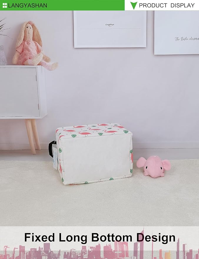 LANGYASHAN Rectangular Storage Bin Collapse Canvas Fabric Cartoon Storage Basket with Handles for Organizing Home Kitchen Boys and Girls Toys Office Closet Shelf Baskets(Rec Leaf Flamingo)