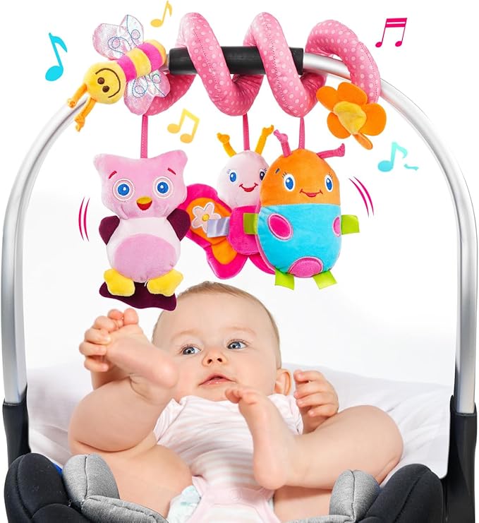 Jollybaby Baby Car Seat Stroller Toys, Plush Activity Hanging Spiral Activity Pram Crib with Music Box, Rattles, Squeaker for Babies Infant Boys Girls(Pink)