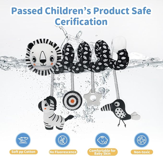 Car Seat Toys for Babies 0-6 Months,Hanging Rattle Toys for Crib Mobile, Baby Spiral Hanging Stroller Black and White High Contrast Toys for Newborn 0 3 6 9 12 Months Baby Boys Girls (Lion)