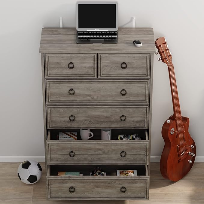 LGHM Modern 6 Drawer Dresser, Dressers for Bedroom, 44.33" Tall Chest of Drawers Closet Organizers & Storage Clothes - Easy Pull Handle, Textured Borders Living Room, Hallway, Gray