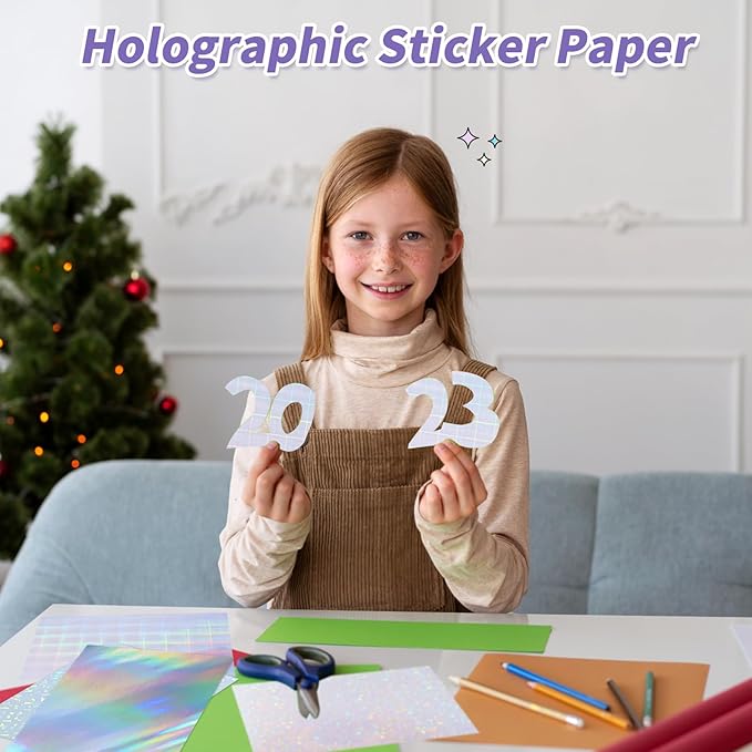 36 Sheets Holographic Sticker Paper,Holographic Laminate Sheets,A4 Size Clear Vinyl Sticker Sheets Self-Adhesive Rainbow Overlay Sheets,11.7 x 8.3 Inches（Grid）