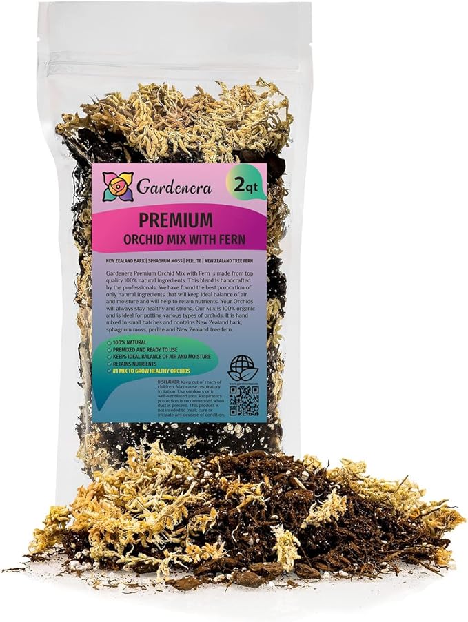 Gardenera Premium Orchid Mix by GARDENERA | Fern + New Zealand Pine Bark + Sphagnum Moss + Perlite | Best for Growing and Repotting Orchids - 2 Quart Bag