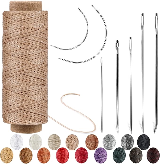 Ftyiwu Waxed Thread 55 Yards, Leather Sewing Waxed Thread with Upholstery Needles Hand Sewing Needles for Home Upholstery Carpet Leather Canvas Repair and Sewing (Khaki)