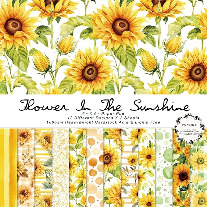 Sunflower Scrapbook Paper Pad 6×6 inch, 24 Sheets Single-Sided Craft Paper for DIY Crafting, Card Making, and Scrapbooking – Ideal for Summer Themed Projects
