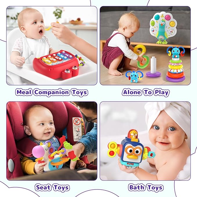 5 in 1 Baby Toy for 12 18 Month, Learning Toys for Babies 12-18 Months, Baby Busy Cube, Stacking&Sensory, Pull String&Piano Xylophone Toy, Birthday Gift for 12+ Month