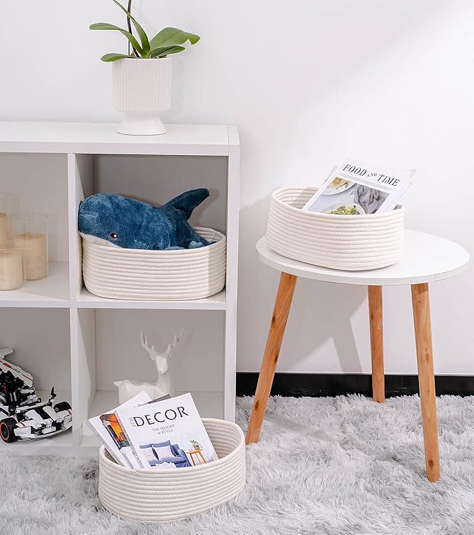 Baskets&Bins for Shelf Storage Organizing/Cute Basket to Store and Organize Household Items/Woven Rope Basket for Living Room, Bedroom,Playroom,3 Packs Off White