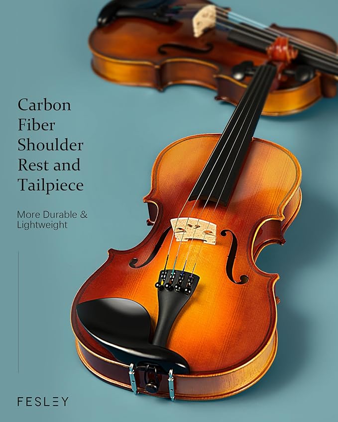 Fesley Violin Fiddle Full Set: 4/4 Polished Violin Kit for Beginners, Acoustic Violin with Hard Case, Solidwood Hand Made Starter Kit with Bow, Rosin, Shoulder Rest, Tuner, Extra Strings