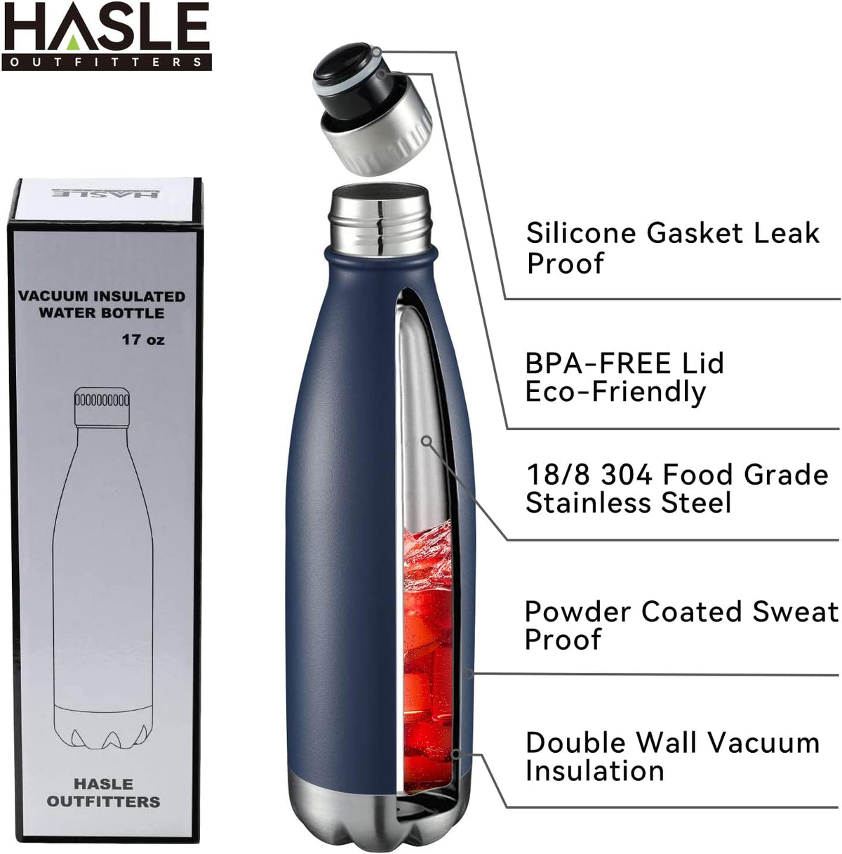 HASLE OUTFITTERS 17oz Stainless Steel Water Bottles Bulk, Vacuum Insulated Water Bottles Double Walled Powder Coated Reusable Metal Sports Water Bottles Keep Drinks Hot and Cold, Navy, 8Packs