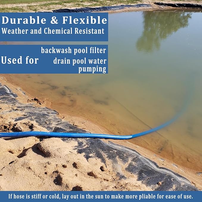 Pool Backwash Hose 2 inch × 100 ft Thicken Blue Water Discharge Pipe Lay Flat Tubing Hose for Backwash Pool Filter, Drain Pool Pond Water (2in-100ft)