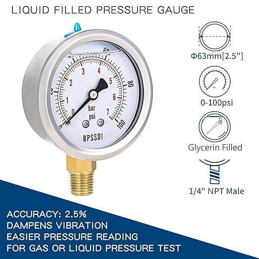 0-100 Psi Glycerin Liquid Filled Low Pressure Gauge, 2.5" Dial Size, 1/4" NPT Lower Mount, 304 Stainless Steel Case, for Water Pump, Pneumatic Air, RV Hose, Gas Pressure Test