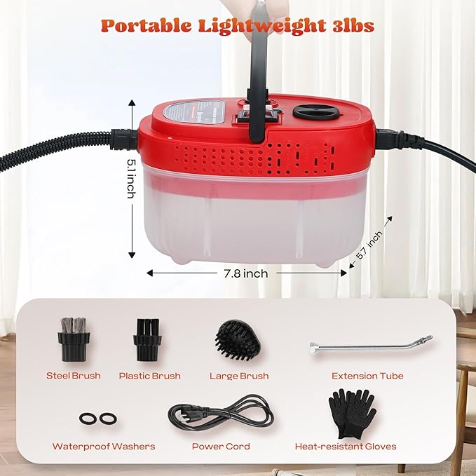 Moongiantgo Handheld Steam Cleaner, 2500W High Pressure Steamer for Cleaning, Portable Pressurized Cleaning Machine for Home Kitchen Car Detailing Grout Tile Bathroom with 1200ml Water Tank (Red)