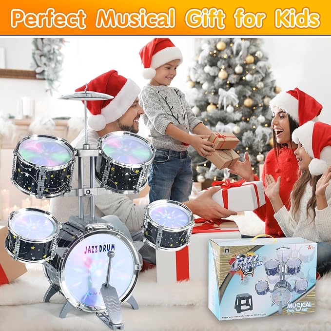 Kids Drum Set for Toddlers 1-3, Upgraded Jazz Drum Set for Kids, Musical Instrument Toys & Lights & All Plastic, Percussion Beginner kit for Boys Girls Toddlers Aged 3-5 5-7