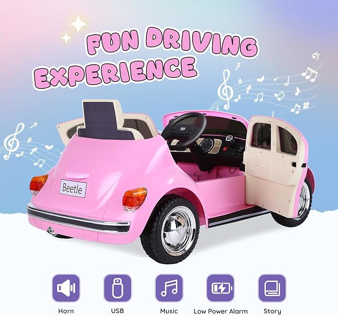 12V Kids Electric Car, Power Wheels with Remote Control, Ride on Car Toys with LED Light, 3 Speeds, Music, Pink