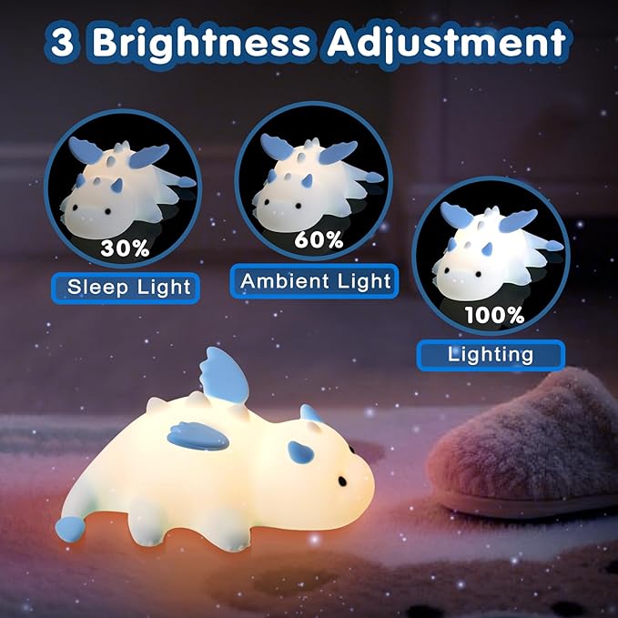 Cute Baby Dragon Kids Night Light for Kids,Cute Soft Silicone Lamp 3 Level Dimmable Changing Rechargeable Breastfeeding Nursery Portable Kawaii Lamps,Bedside Lamp for Baby and Toddler,Boy Girls（Blue）