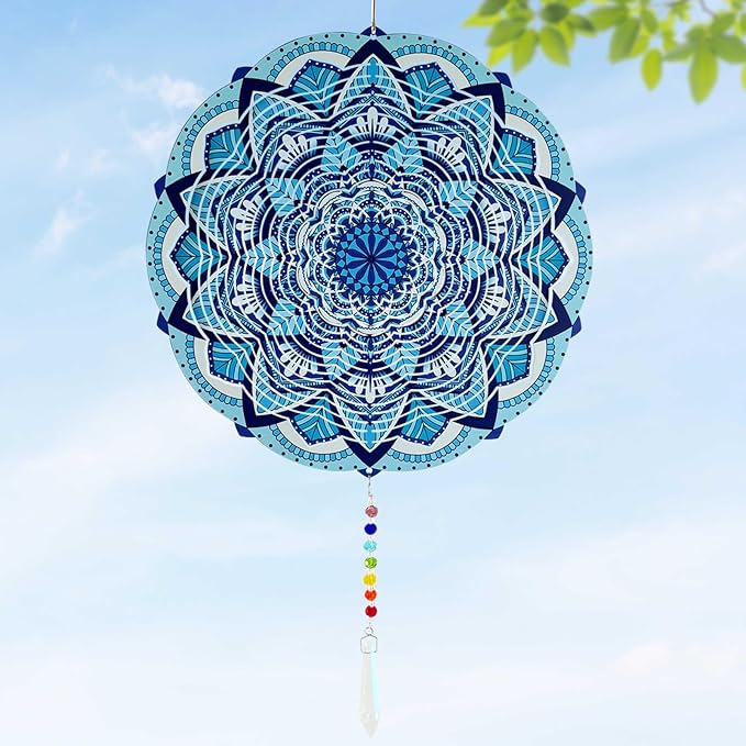 Wind Spinners Outdoor with Crystal Tail, Marzovitra Stainless Steel 3D Kinetic 10 Inch Garden Decor for Patio, Home or Yard Decorations Outdoor Hanging Yard Art, Metal Wind Sculpture (Bohemian)