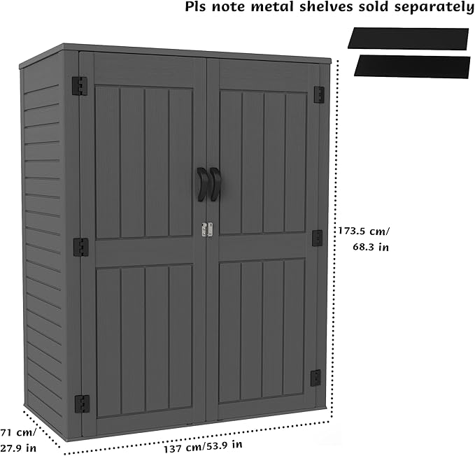 Vertical Resin Storage Shed, 60 Cuft Garden Tool Sheds & Outdoor Storage, Plastic Outdoor Storage Cabinet Waterproof, 4.5 x 2.3 ft Backyard Outside Lawn Mower Storage Shed, Grey