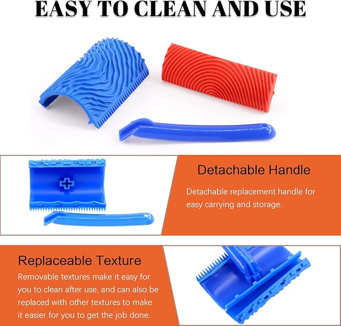 Tanstic 4Pcs Wood Graining Painting Tool Set, Red Blue Rubber Wood Grain Tool and Rubber Empaistic Wood Texture Pattern Roller with Handle for Wall Floor Furniture DIY Room Decoration