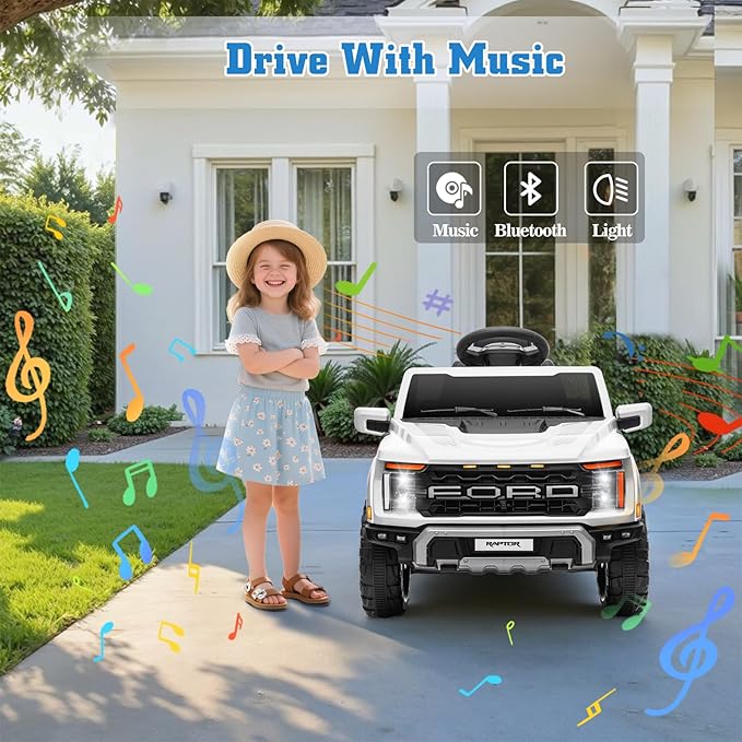 12V Ride on Car Licensed Ford F-150 Raptor, Kids Electric Car with Remote Control, LED Light/Music/MP3, Truck Bed Storage, 3-Point Seat Belt (12V, White)