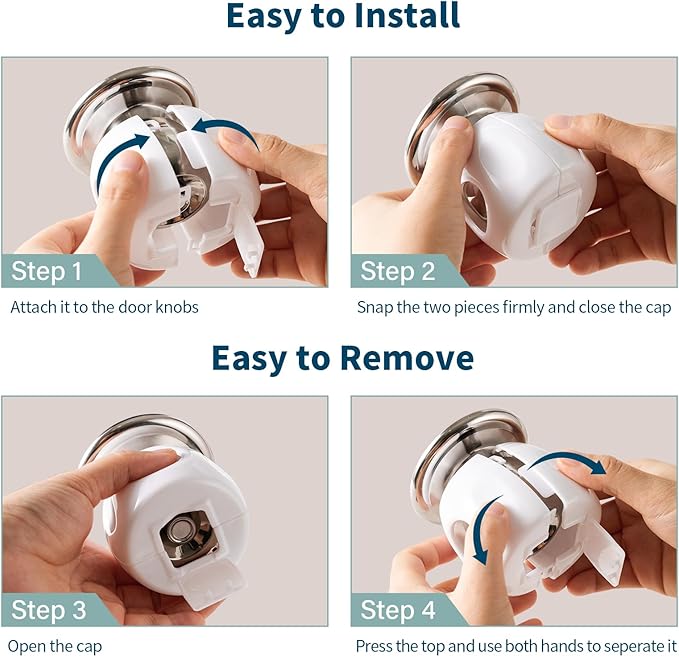 Inaya Door Knob Safety Cover for Kids (4 Pack) – Child Proof Door Knob Covers for Baby Proofing – Door Locks for Kids Safety, Fits Most Round Handles, Easy to Install, White