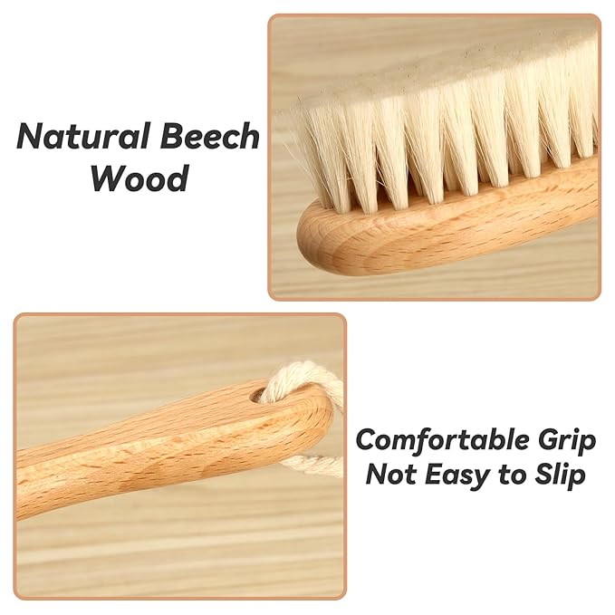 Baby Hair Brush and Comb Set, Wooden Natural Goat Bristles Hairbrush+Comb+ White Cradle Cap Brush Grooming Kit for Newborns Toddlers Boys Girls (Pack of 3)