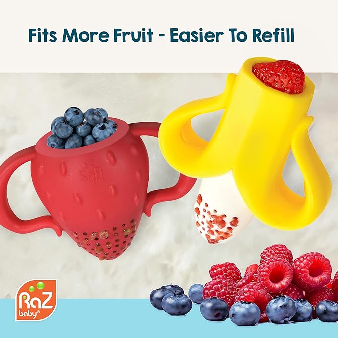 RaZbaby Fruitique Fruit Feeder One-Piece Baby – Larger Opening for Refilling & Fits More Fresh/Frozen Fruit for Teething Relief, Easy to Hold, Safer Design, BPA-Free, Dishwasher Safe - Strawberry