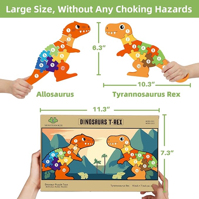 Wooden Dinosaur Puzzles Set for Kids/Toddlers Ages 1-8, T-Rex & Allosaurus with Colorful Box, Educational Dino Toys Little Boys/Girls 2 3 4 5 6 Year Old, Numbers/Chunky, Large 11"x7" Size