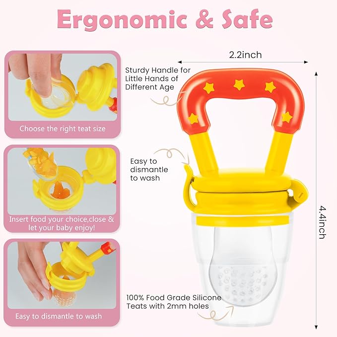 WAJIAYON Baby Fruit Feeder/Food Feeder Pacifier (3 Pack)- Infant Teething Feeders | Silicone Teether Feeder Babies | Baby Feeding Essentials | Food Pacifier for Babies - Pink