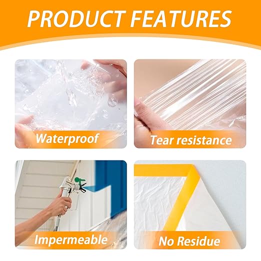 Painters Plastic with Tape 59inx65ft,Pre-Taped Masking Film Automotive Tape and Drape,Tear-Resistant Plastic Painting Film for Car Painting & Home Renovation (2 Roll)