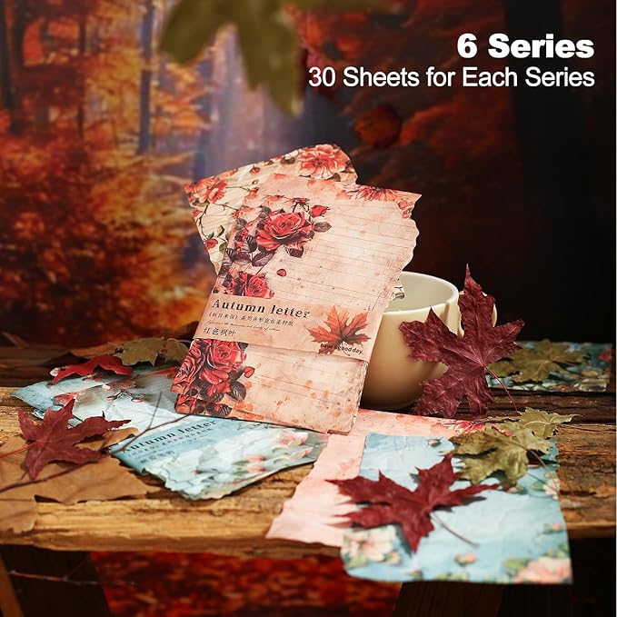 Autumn-Themed Vintage Scrapbook Paper Set, 180 PCS Floral Craft Paper Kit with Glue Tape for Journaling, Scrapbooking, DIY Crafts, and Art Supplies
